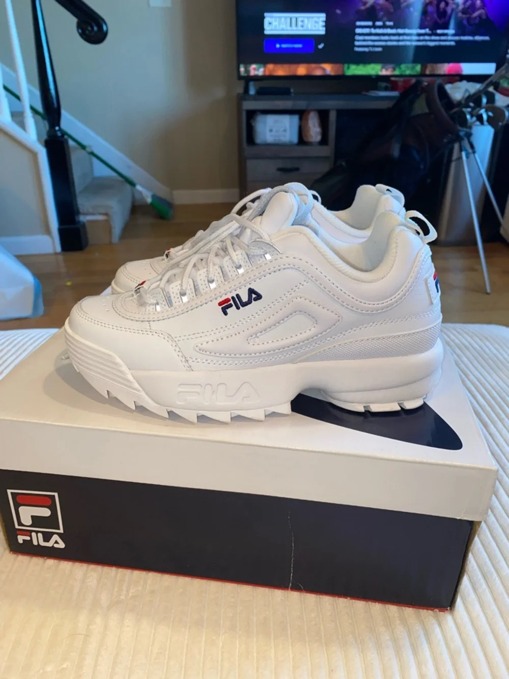 Fila White Leather Chunky Sneakers with Red & Navy Accents